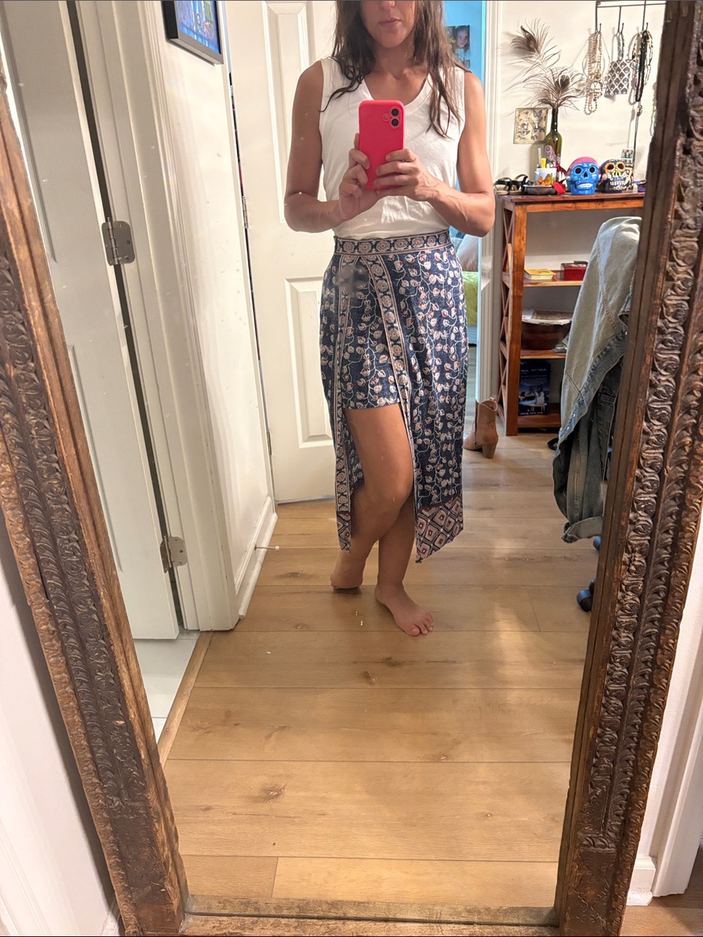 Urban Outfitters Navy Floral Wrap Skirt with Rust Accents